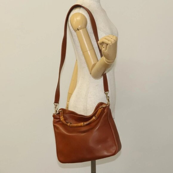 GUCCI Bamboo Hand Bag Leather 2way Brown Gold - Picture 1 of 16